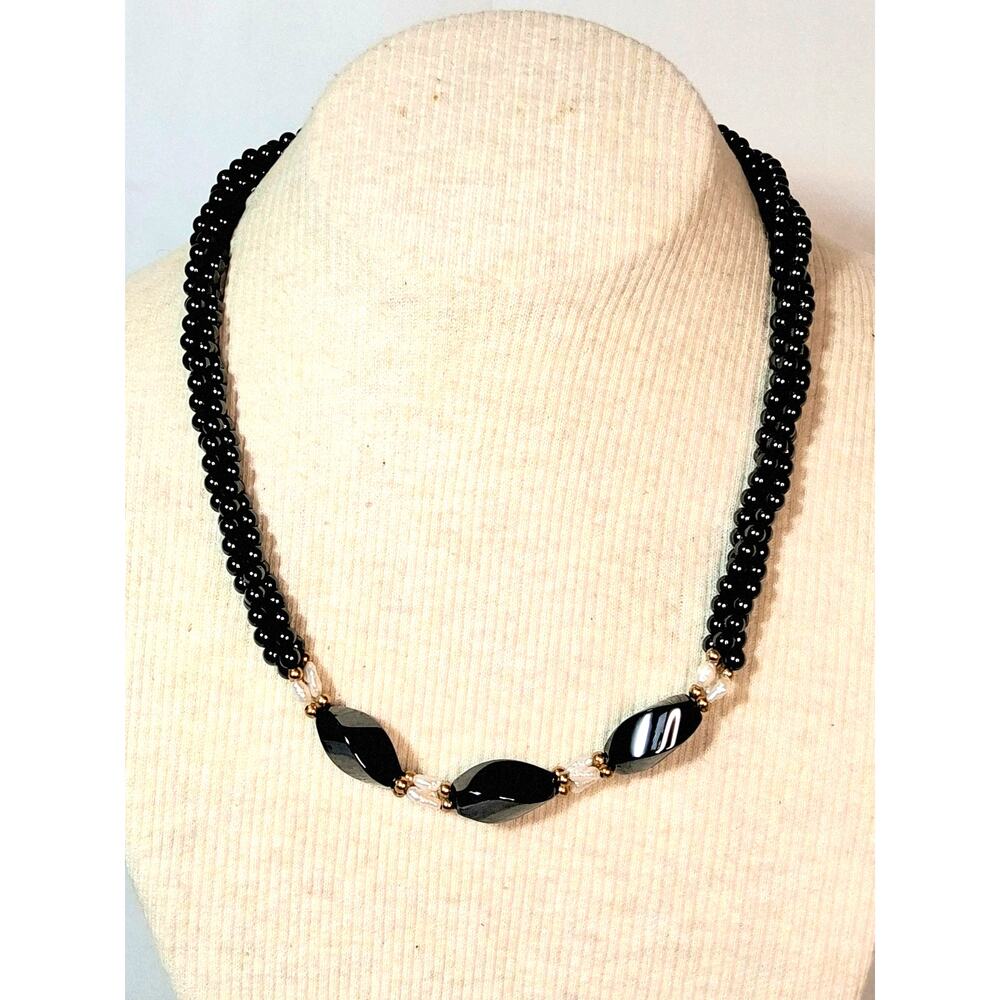 Black Onyx Metallic Beaded Necklace Twisted Strands Larger Faceted Central Bead
